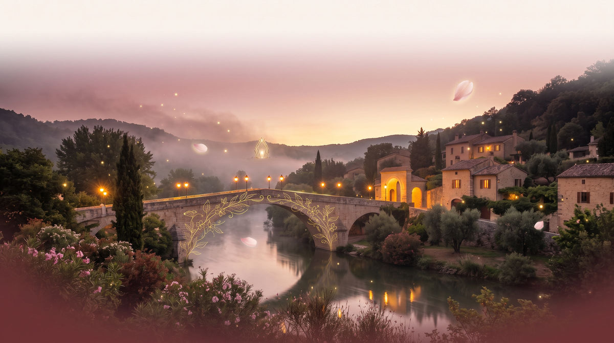 A lantern-lit bridge over the water at dusk